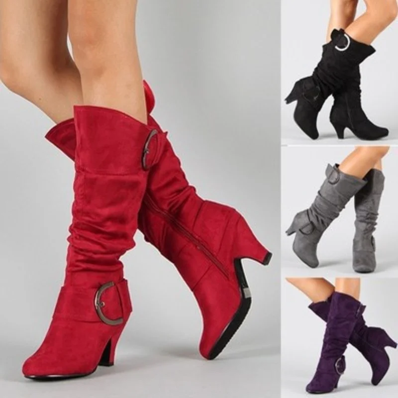 

Brand Designer Women Middle Boots Buckle Strap Boots Kitten Heel Boot Shoes Big Size Ladies