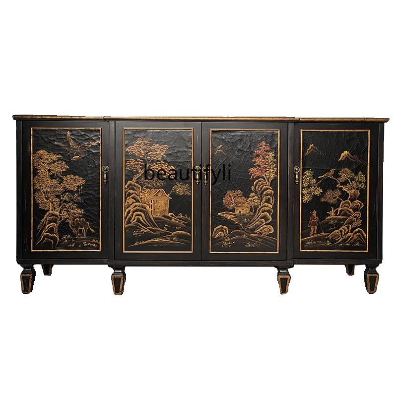 

American Retro Entrance Cabinet Storage Sideboard Cabinet Distressed Solid Wood European Living Room Classical Curio Cabinet