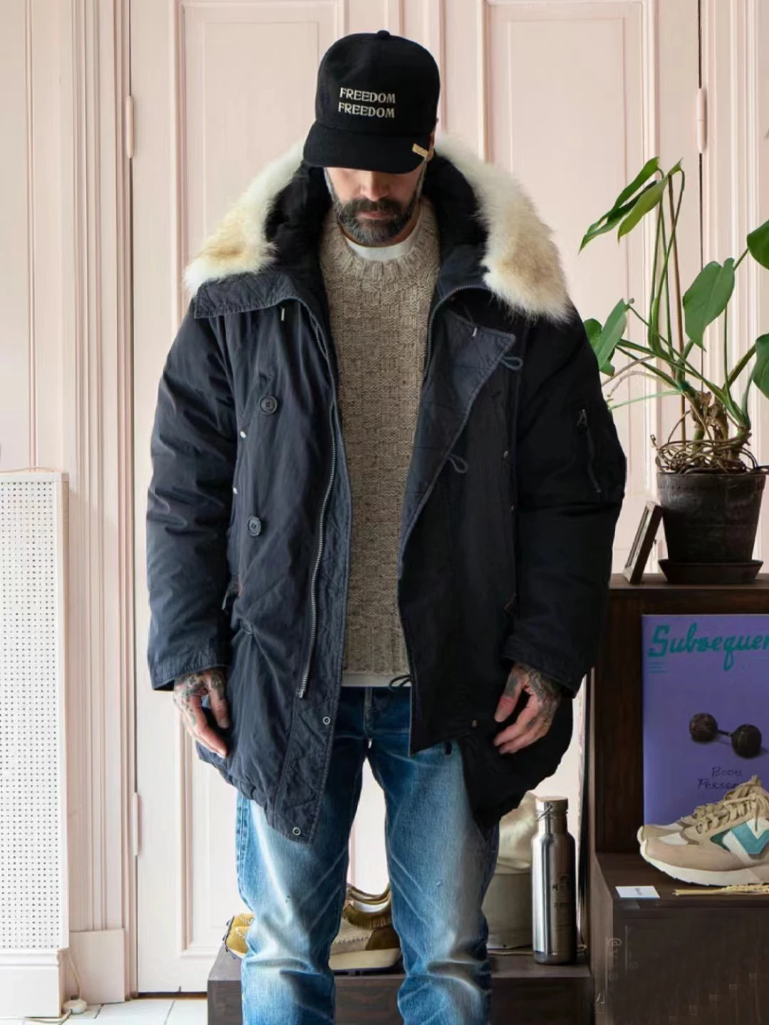 VISVIM FIL 22AW valdez Plumífero con cuello de piel de lobo, chaqueta de plumón de ganso blanco lavado, teñido de barro