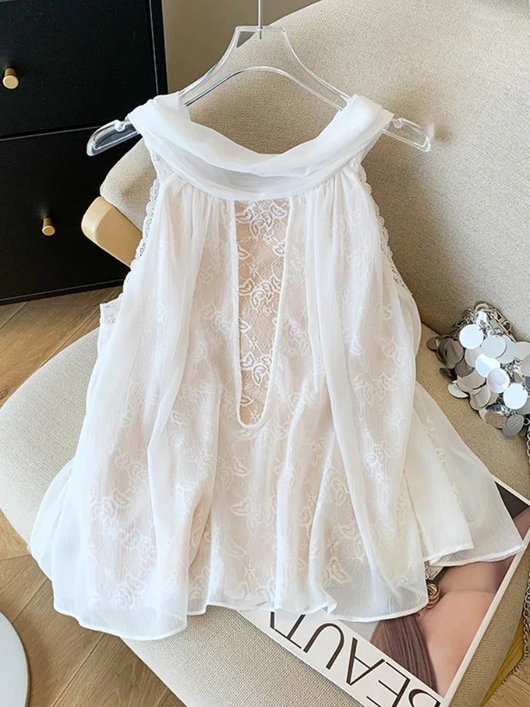 

Chiffon Lace Trim Sleeveless Shirt Women Summer Thin Beautiful Atmosphere Lace Splicing Chiffon Top Hang Neck Design Short Le...