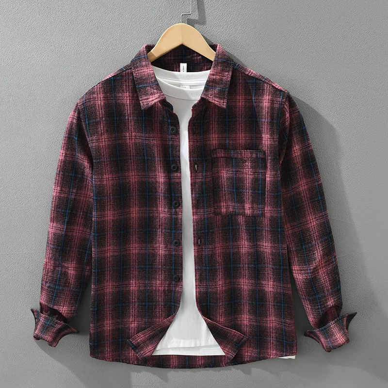 

Japanese Sle Long Sve Plaid irt Men's Faionable Loose Casual Top Retro Sle Polyester Blend Fabric Daily Wear