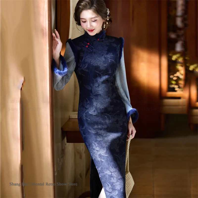 

Осенне-зимнее утепленное женское длинное платье-ципао, элегантное традиционное китайское платье ханьфу, винтажное китайское платье с длинными рукавами