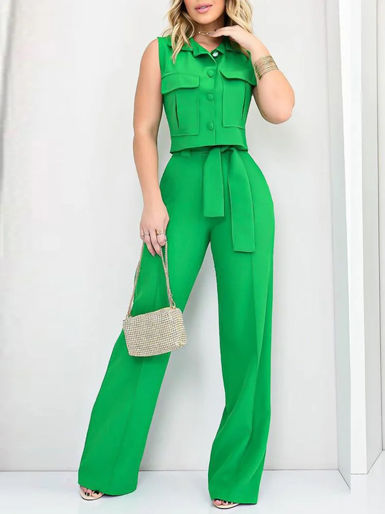 

2024 Short Top Wide Leg Pants Solid Outfit, Women Spring Summer Sleeveless Matching Sets, Turn-Down Collar Simple Ladies Suits