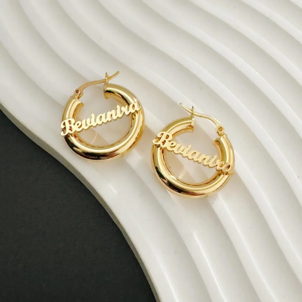 LeeChee 25mm Chunky Round Hoop Custom Name Jewelry Gift Personalized Earrings