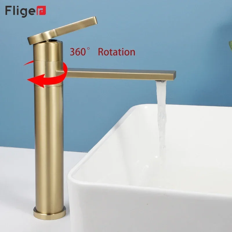 Fliger Tall Basin Faucet Brushed Gold Bathroom Sink Faucet Countertop Sink Faucet Hot Cold Bathroom Faucet 360° Rotating Mixer