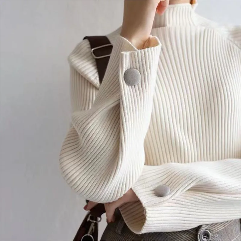 

Autumn Winter Half High Collar Knitted Sweaters Women Solid Female Soft Elastic Soild Color Pullover Button Long Sleeve Tops