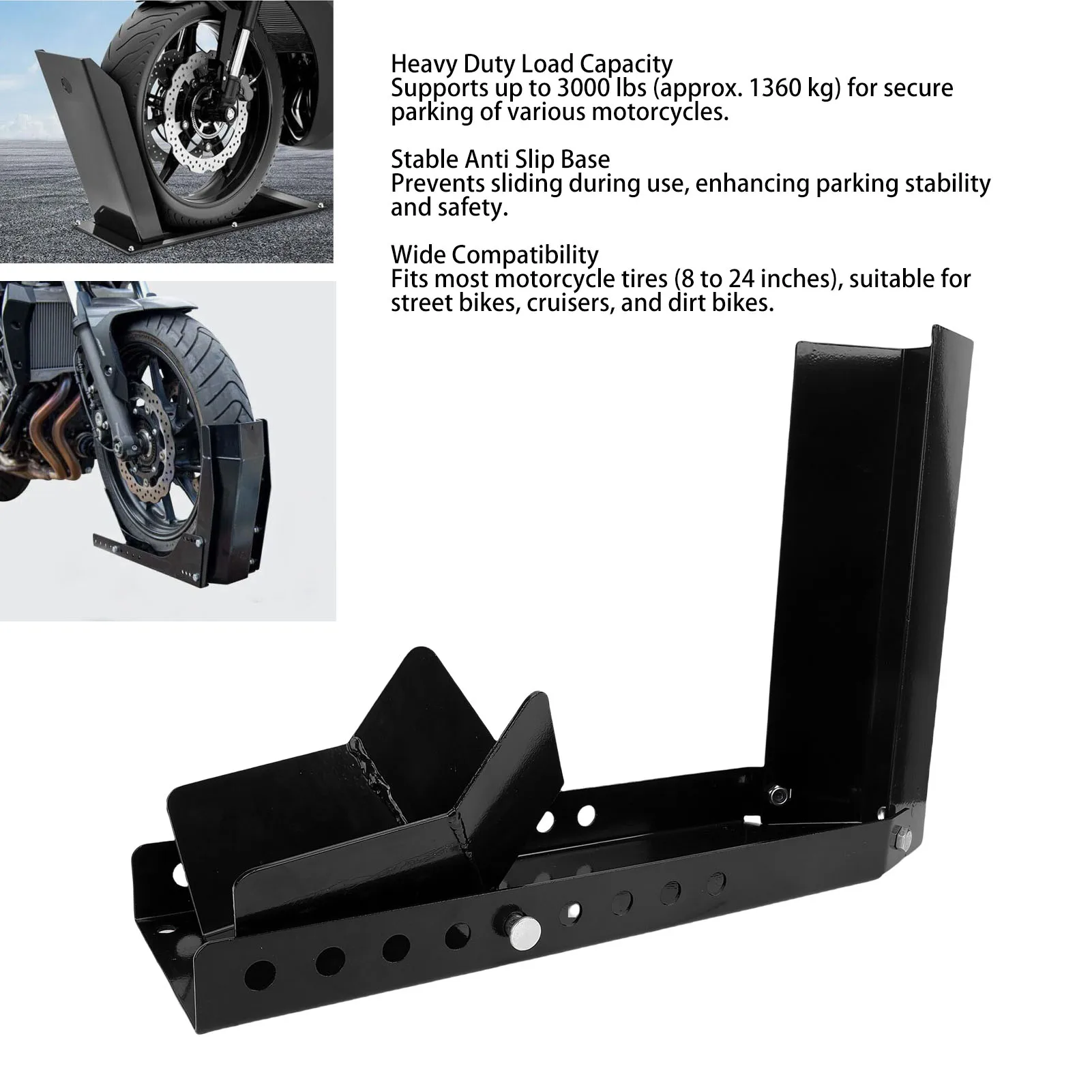 

Motorcycle Wheel Chock Antislip 3000lbs Load Capacity Black Heavy Duty Trailer Front Tire Stand for 8-24 Inch Wheels Crusier new