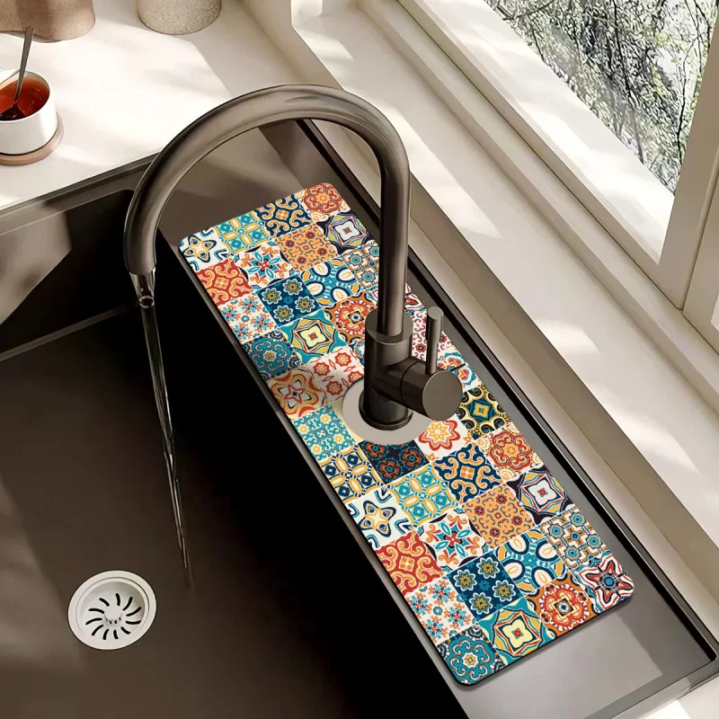 VIKAMA Moroccan Tile-Patterned Sink Splash Mat | Kitchen Faucet Drain Mat | Vintage Ethnic-Style Countertop Drain Mat