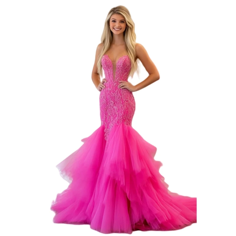 ホットピンクフクシアマーメイドプロムドレスフリルストラップレスロングレースイブニングドレスカスタマイズされた誕生日特別な日のドレス