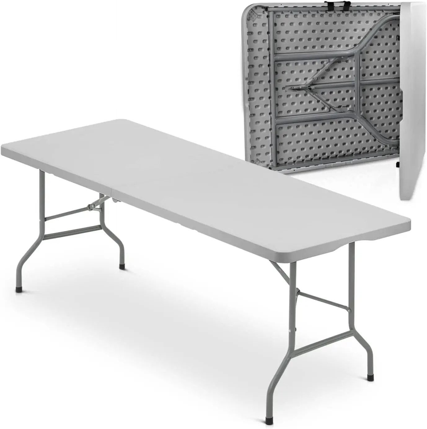 8Ft Folding Heavy Duty Utility Table, Indoor Outdoor Portable Plastic Wedding Event Picnic Table w/Steel Legs and Hand