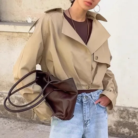 Loose Fit Patchwork Coat Elegant Commuter with Single Breasted Multi Button Cropped Short Length Thick Women Autumn Jacket