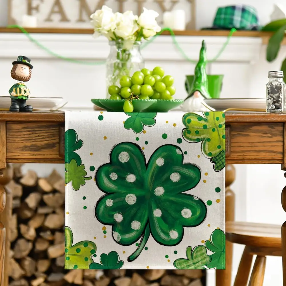 33X183CM Lucky Clover Shamrocks Table Runner,Seasonal St. Patrick's Day Holiday Kitchen Dining Table Runner for Home Party Decor