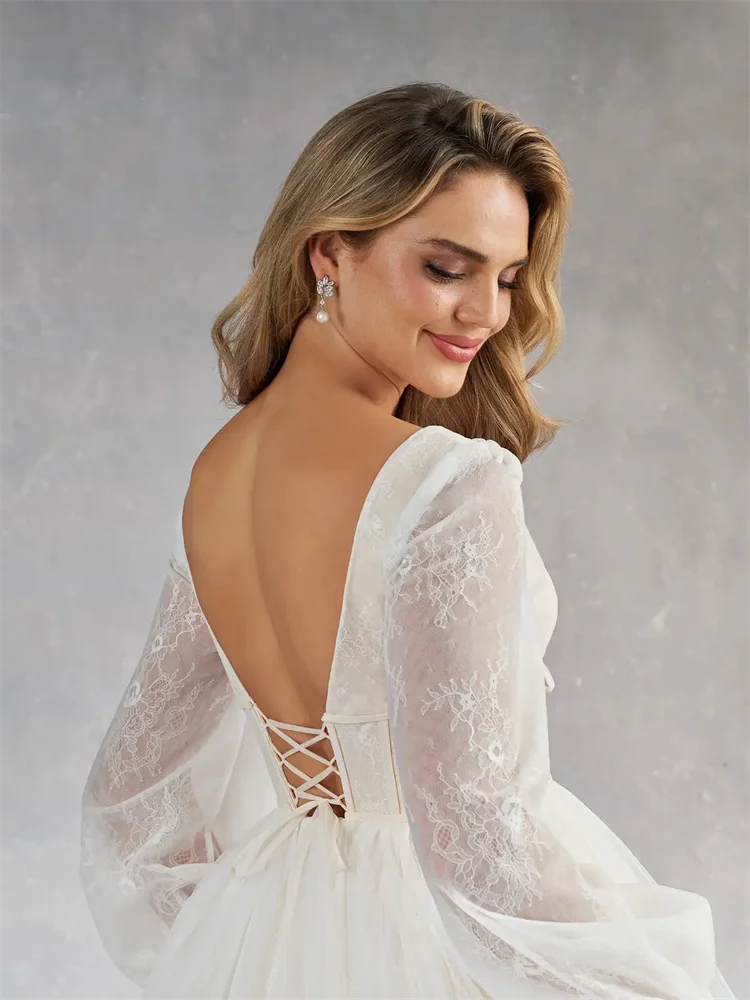 Hot Selling Long Sleeves V-Neck A-Line Lace Wedding Dress Elegant Open Back Lace Up Floor Length Chapel Train Gowns For Bride