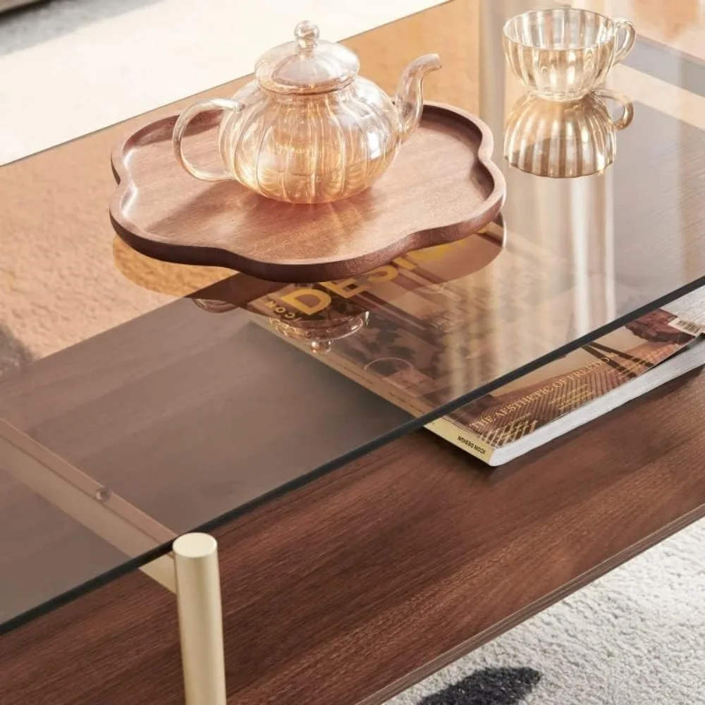 Couch tisch aus Glas, doppels chich tiger Couch tisch für Wohnraum, Rahmen in Gold optik, kaffee braune Glasplatte und Walnuss braun