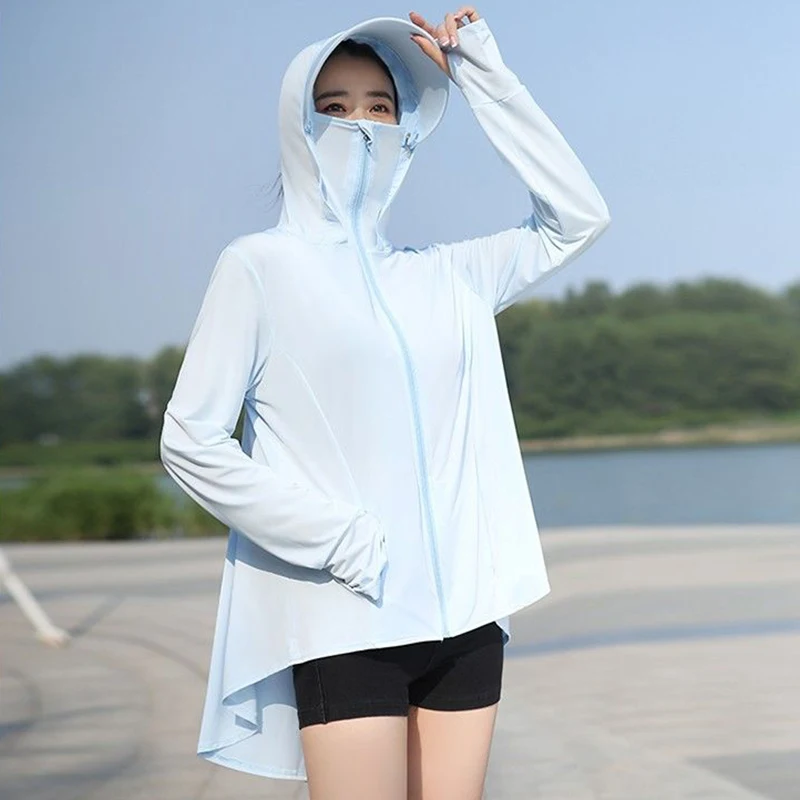 UV Resistant Hooded Zipper Front Short And Back Long Pockets Sunscreen Shirt Long Sleeve Summer Women Clothing Casual Solid Coat