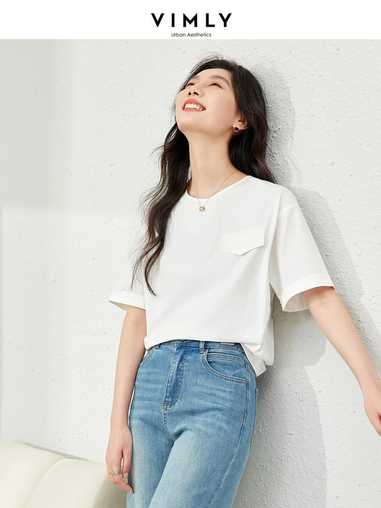 Vimly Simple Short Sleeve White T-shirt Woman 2024 Summer Round Neck Casual Pullovers Basic Tee Loose Casual Cotton Tops M6983