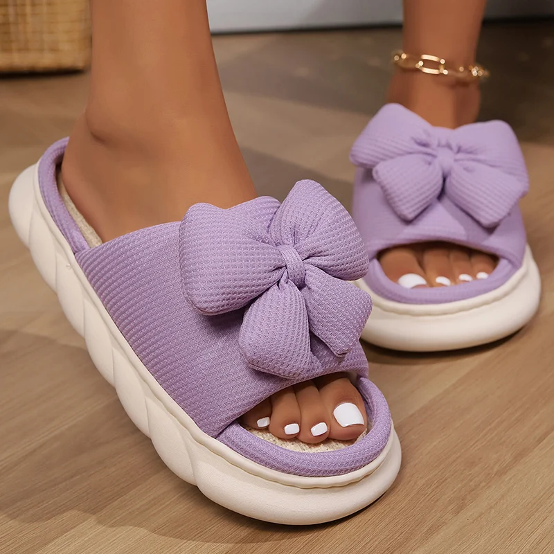 Thick Bottom Linen Slippers Women Autumn&Winter Cute Bow Soft Sole House Slippers Woman Non-slip Flat Heel Indoor Slides Shoes