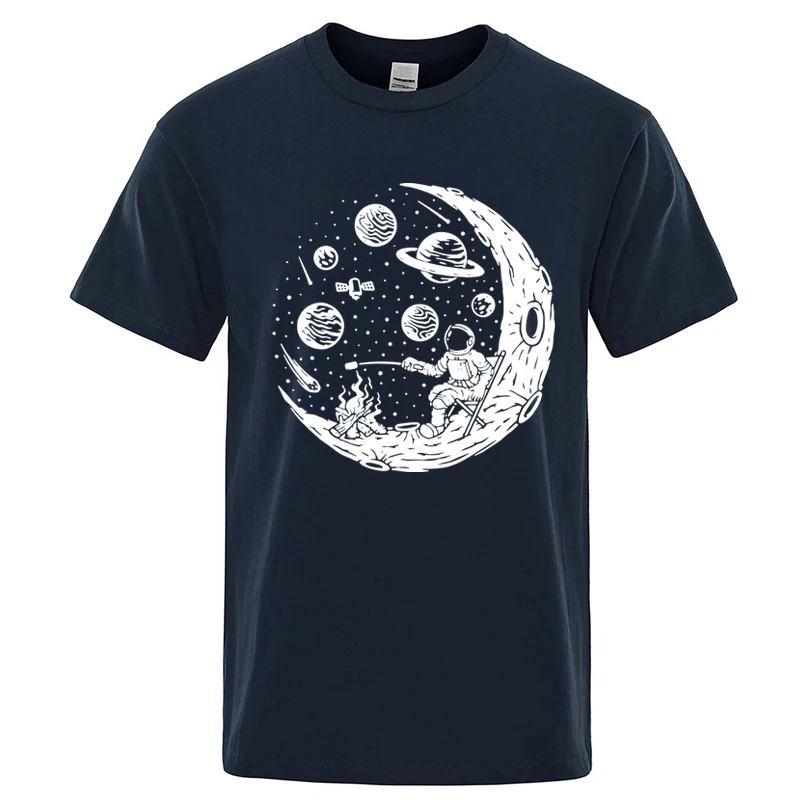 Men\'s T-shirt High Quality Cotton Blend Funny Astronaut Moon Barbecue Print Casual Loose Cool Men O-neck T-shirt Tee Tops