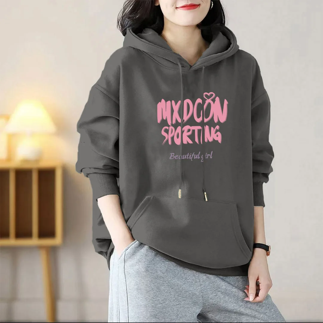 Women Clothing Commute Large Version Hoodies Letter Printed Chic Pure Cotton Pullovers Autumn Winter Pockets Printed Sweatshirts