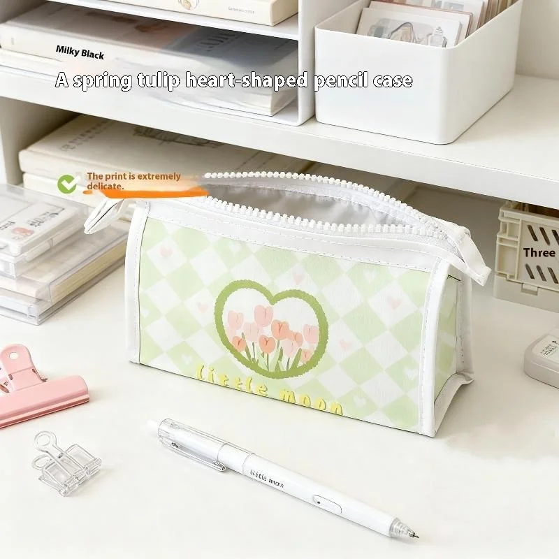 Cute Sweet Tulip Flower PU Pencil Case Large Capacity Stationery Bag Simple Multifunctional Waterproof Portable Storage Bag