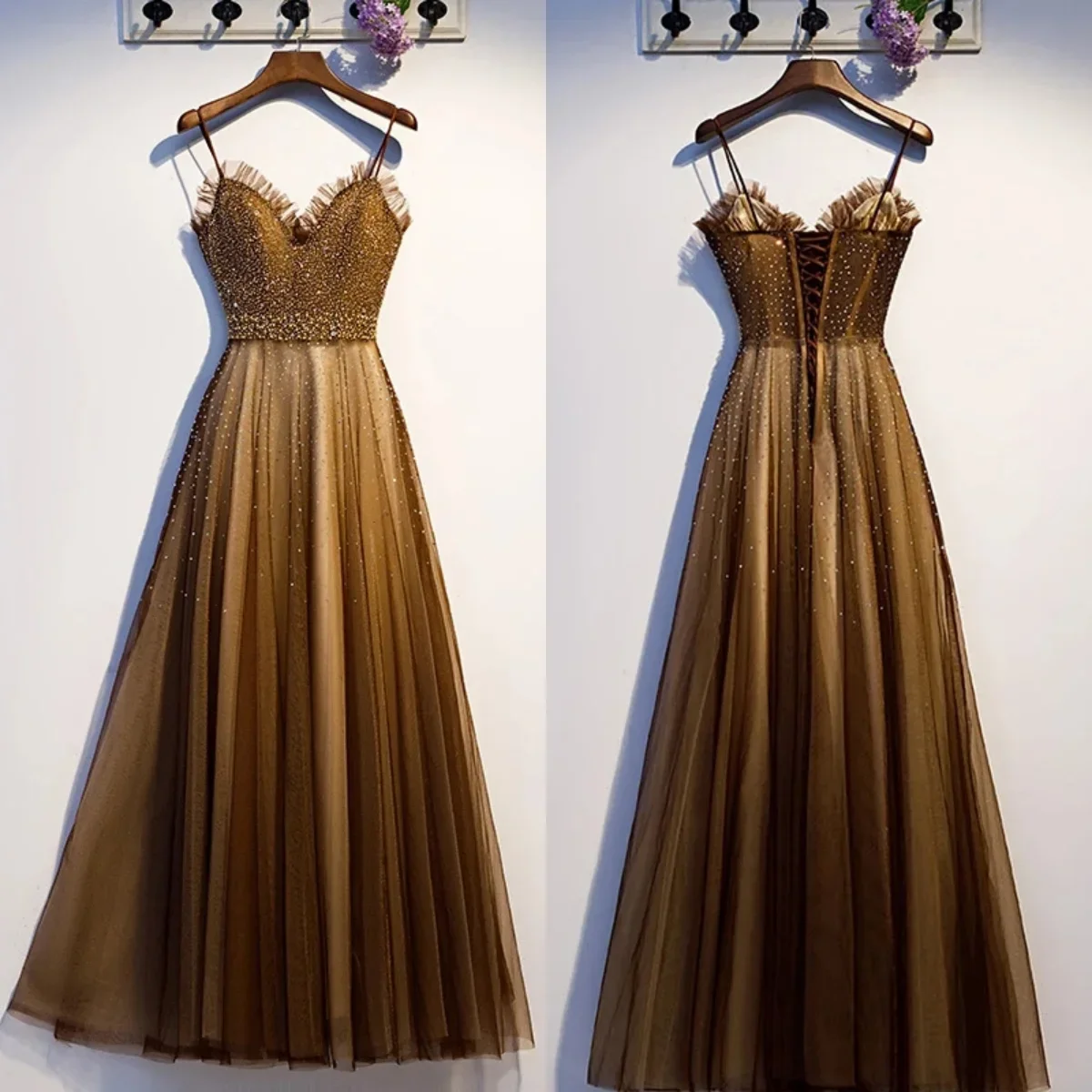 

Evening Dress Brown Tulle Beads Sgaphetti Straps A-line Floor length Plus size Robe De Soiree Vestidos Women Party Formal Gowns