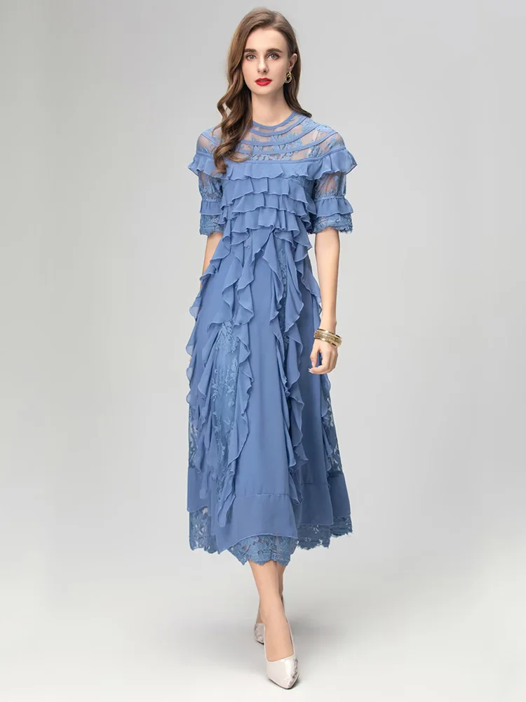 

JUNLINNA Fashion Elegant Women Runway Dresses O-Neck Short Sleeve Ruffles and Patchwork Party Holiday Slims