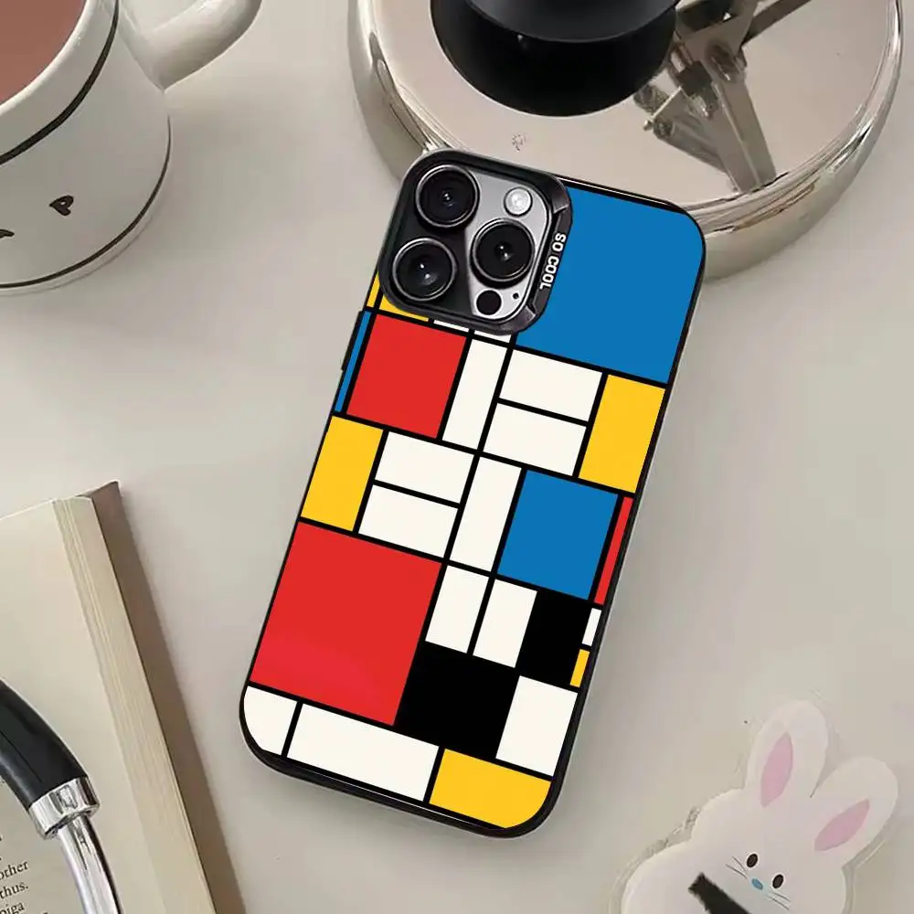 Custodia per telefono con motivo artistico astratto P-Piet M-Mondrian per iPhone 17,16,15,14,13,12,11 Plus,Pro Max, custodia per telefono color argento