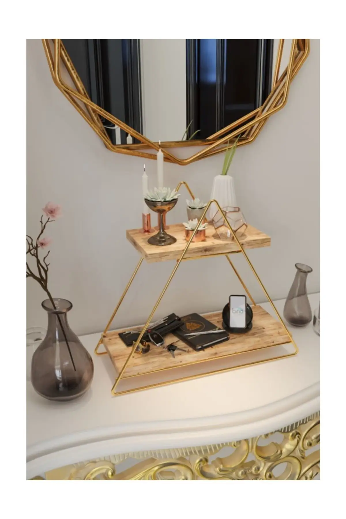 Functional Natural Wood Gold Color Triangle Table Serving Rack Decorative Kitchen Bathroom Organizer Bookshelf Living Room