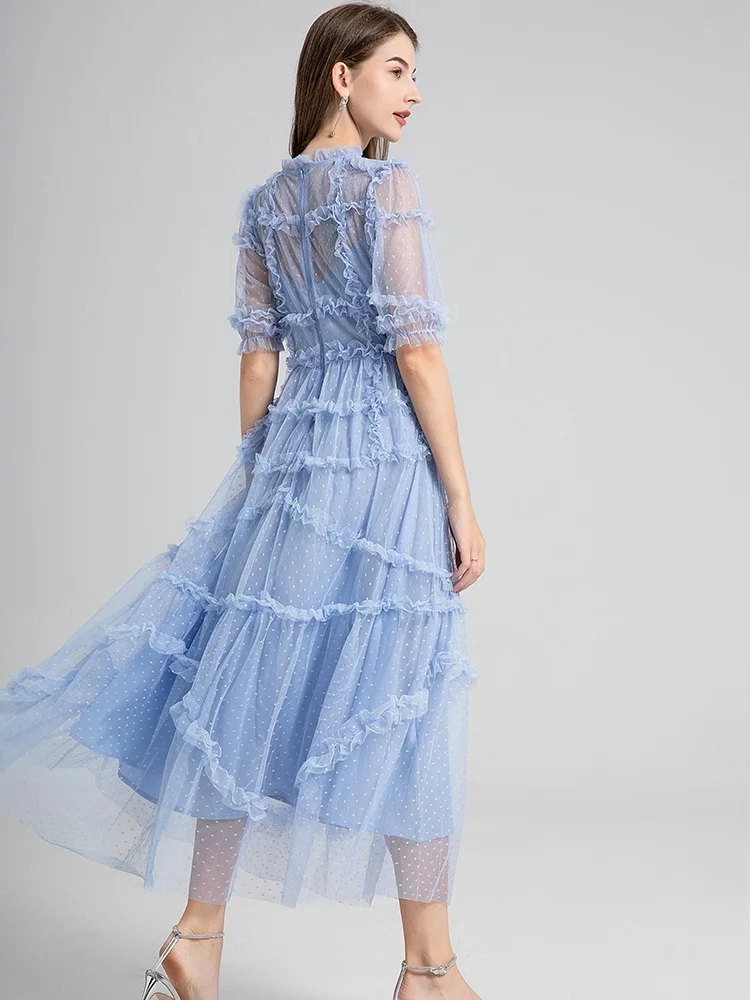 Long Summer Cake Prom Dress Women\'s Elegant Dot Robe Luxury Ruffles Gauze Mesh Embroidery Edible Tree Fungus Wedding Vestido