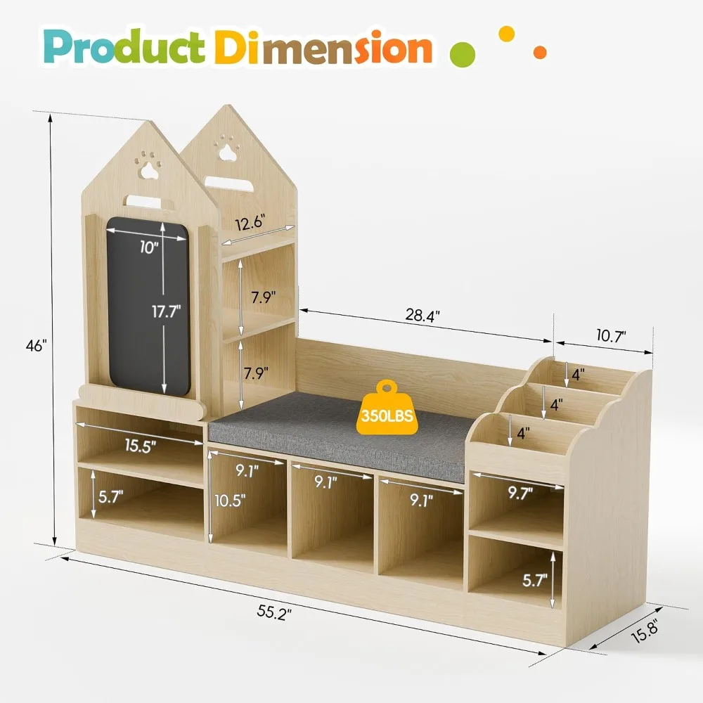 Wooden Bookshelf with Reading Nook, Toy Storage Organizer, Chalkboard and Bench, Natural Oak