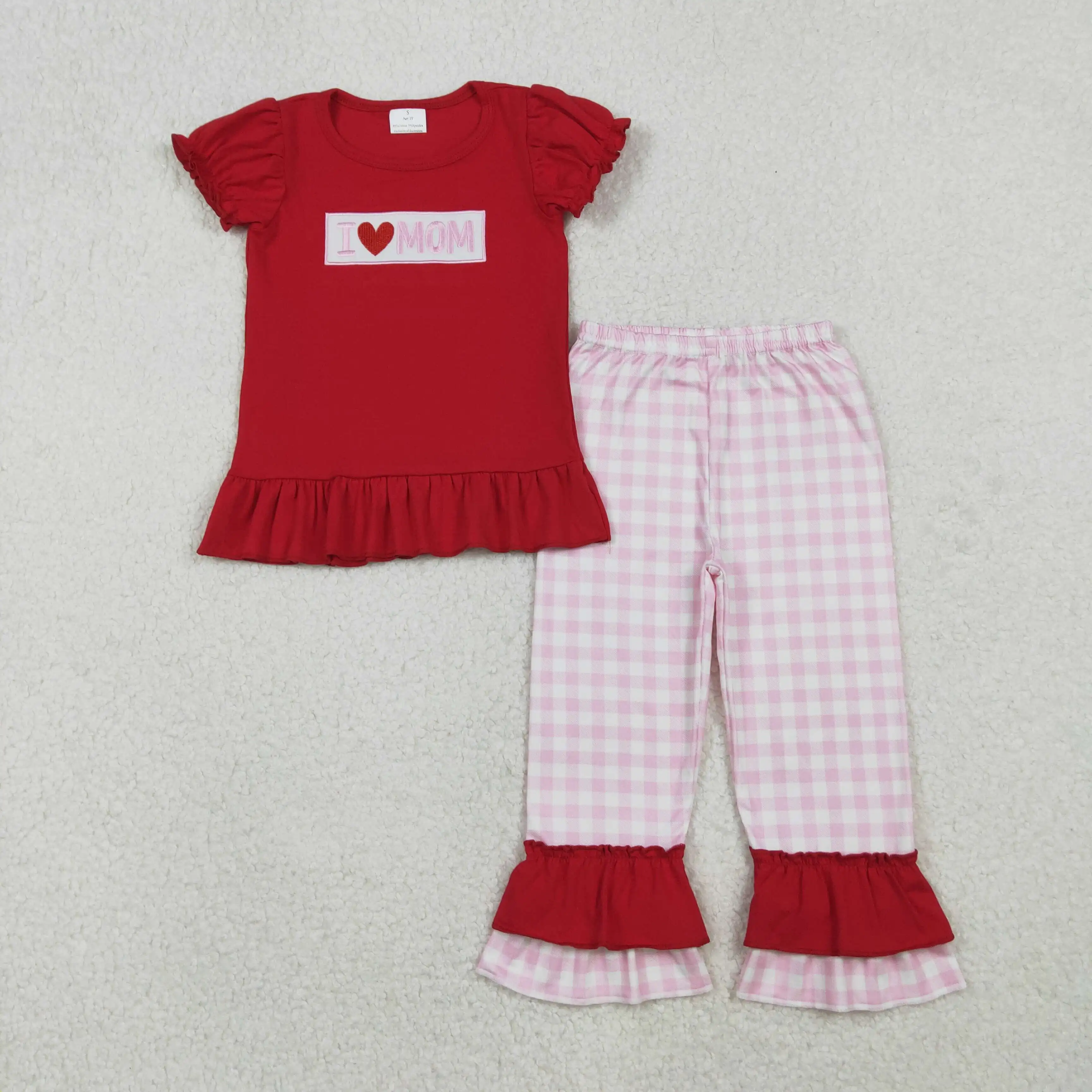 

Baby Girls Embroidery 'I Love Mom' Outfit Set with Checked Ruffle Pants Girls Shirts And Pants Clothing Set