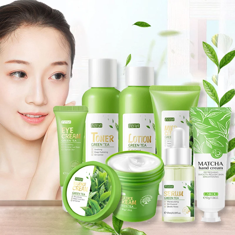 7pc Green Tea Skin Care Set Facial Cleanser Moisturizing Skin Face Toner Face Cream Anti Dark Circles Eye Cream Facecare Product