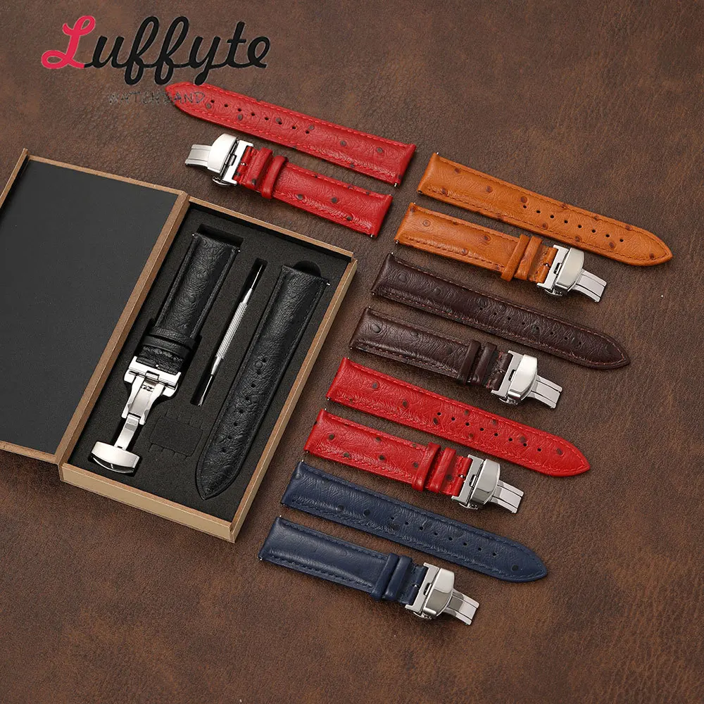 18/20/22mm Unisex Ostrich Texture Watchband with Quick Release Stainless Steel Butterfly Buckle Gift Box Casual Watch Strap