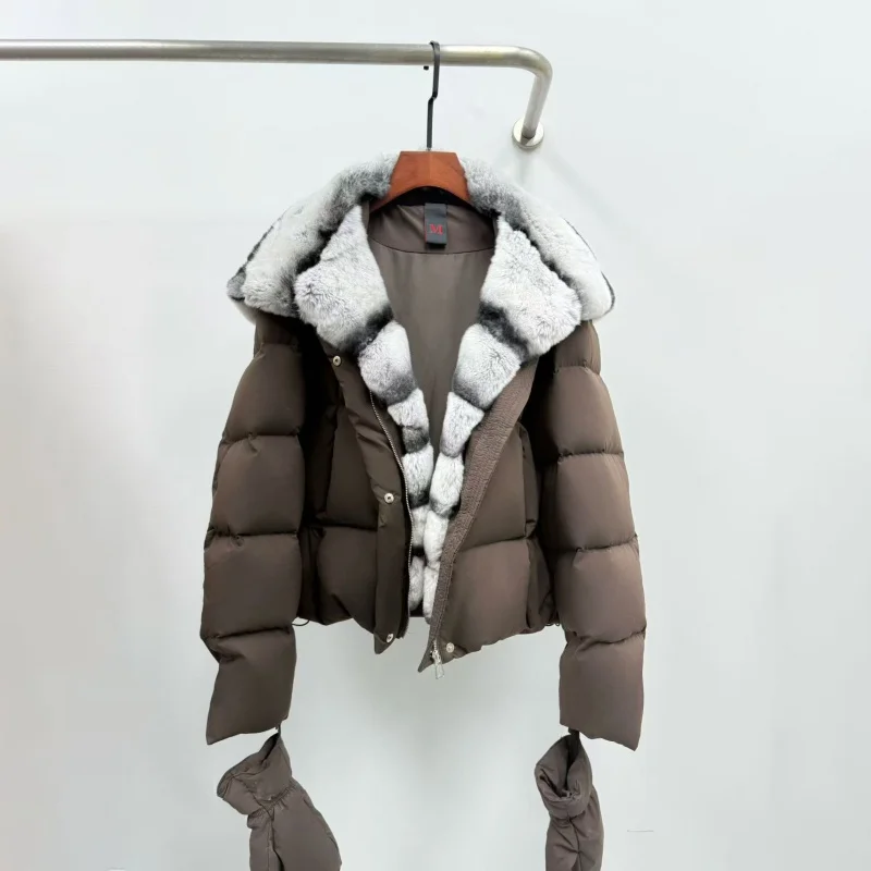 Winter 2025, Damen-Daunenjacke mit Kapuze und großem Pelzkragen, Y2K, hochwertiger, modischer, lässiger, dicker, warmer Gänsedaunenmantel mit Handschuhen