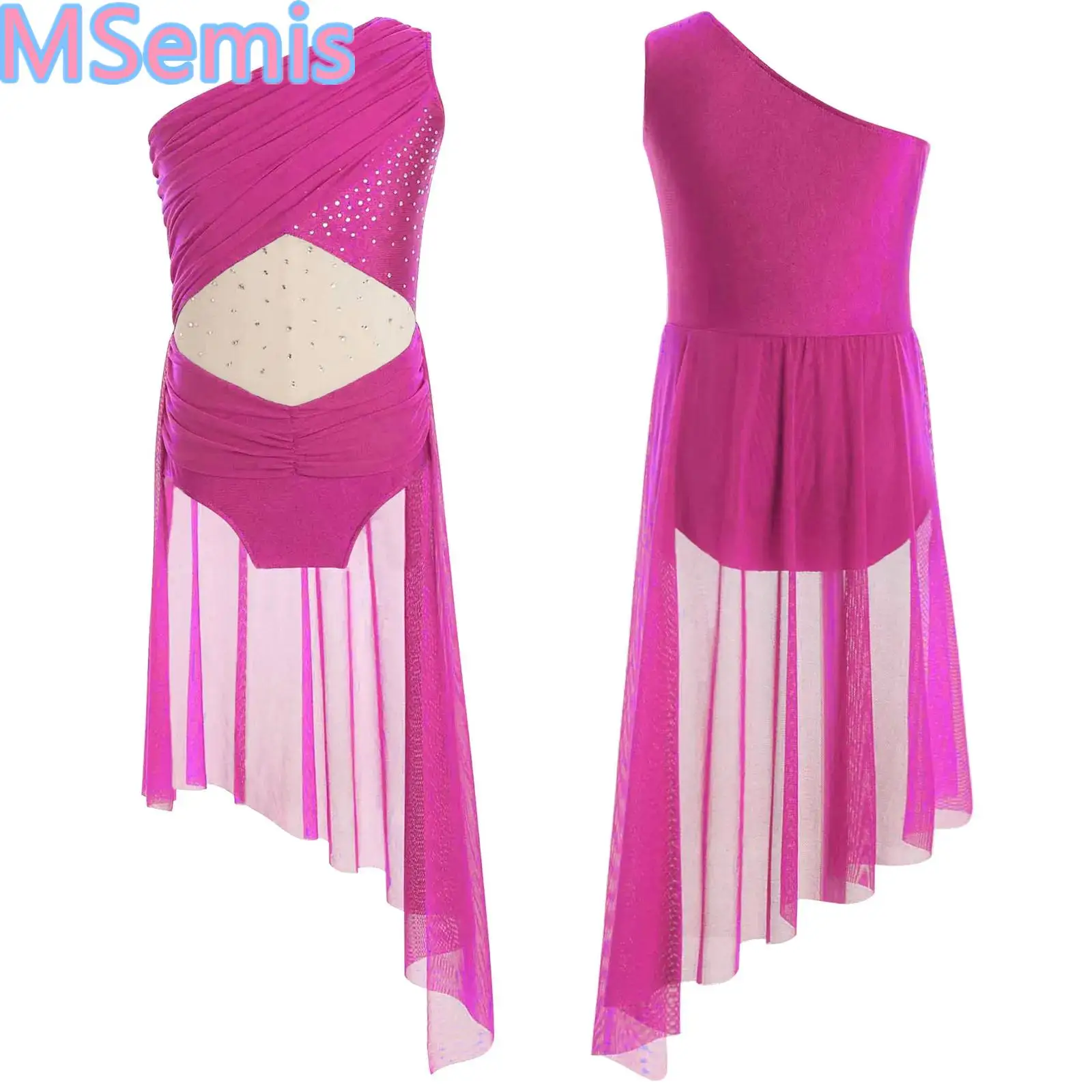 

Kids Girls Ballet Dance Skirted Leotard One Shoulder Sleeveless Sheer Mesh Patchwork Shiny Rhinestones Bodysuit