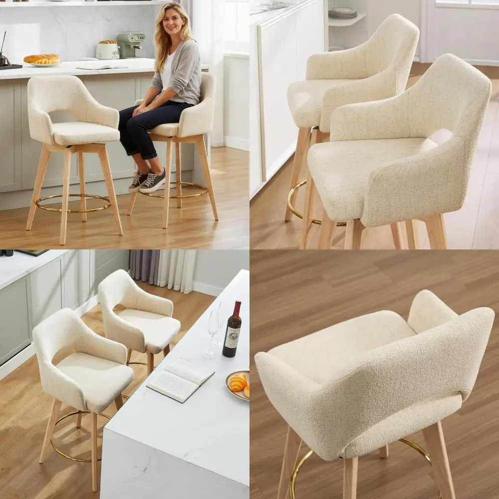 

Набор из 2 деревянных барных стульев с обивкой, спинкой и подлокотниками, бежевая льняная ткань, золотистая подставка для ног, для кухонного острова или высокого стола