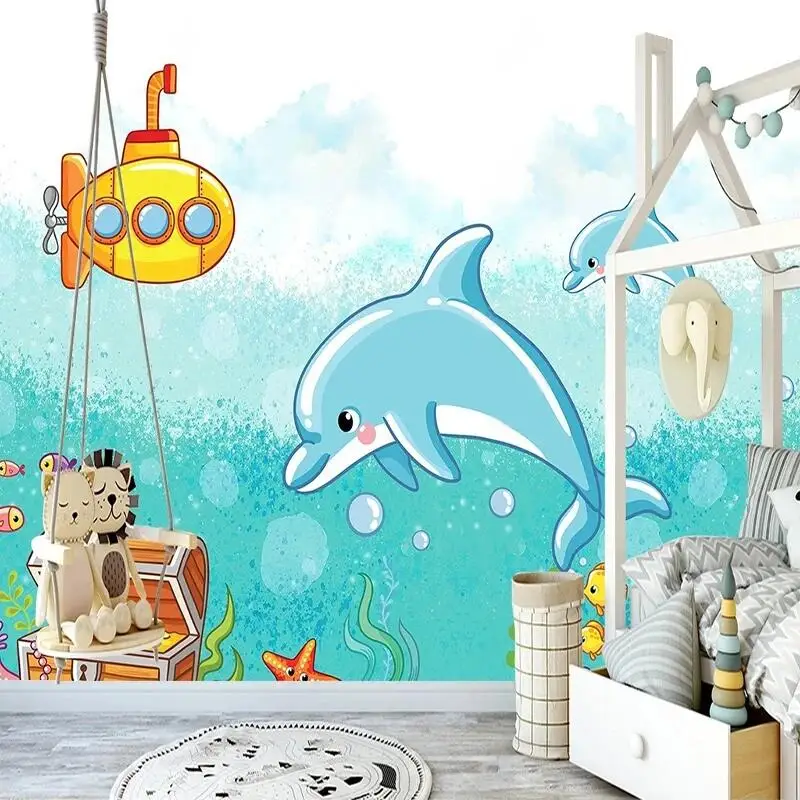 Custom 3D Nordic Dolphin Wallpaper Hand-Painted Cartoon Mural for Kids' Room Creative Ocean Theme Children's Bedroom Wall Art