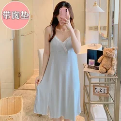 100kg Plus Size Suspender Nightdress with Chest Pad Summer Pajamas Women's Sweet Solid Ice Silk Loungewear Can Be Worn Outside