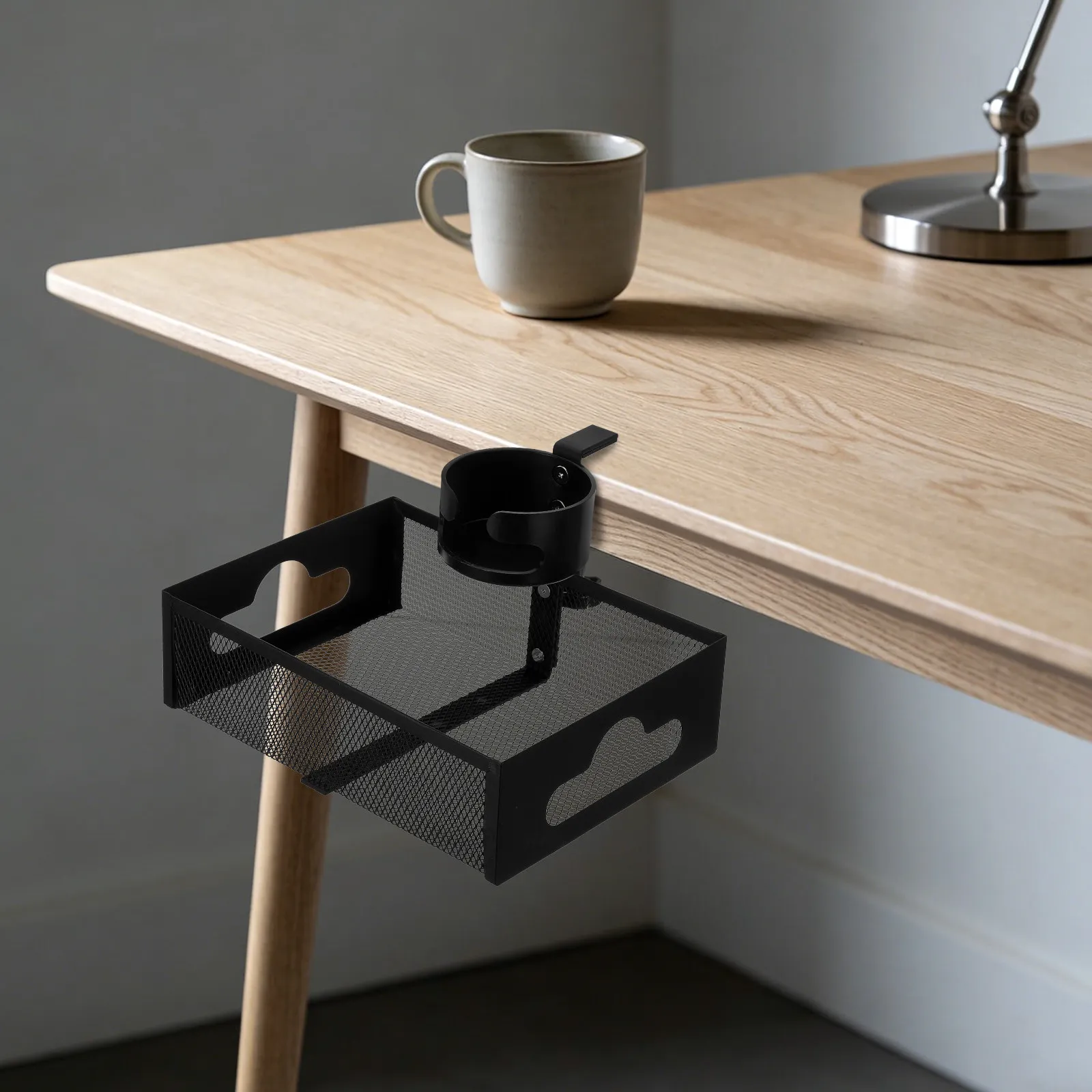 Clip on Desk Edge Snack Organizer Adjustable No Drill Clamp on Mesh Under Desk Cup Holder Cable Management Tray Fits Table - view 3