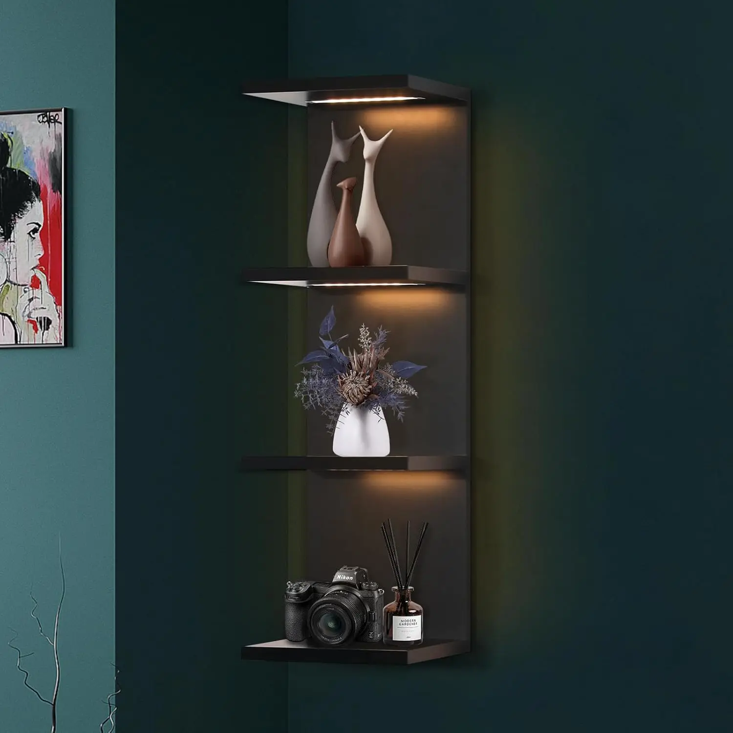 

4-Tier Floating Wall Shelf with LED Lights, Black Vertical Display for Bedroom Living Room Home Decor