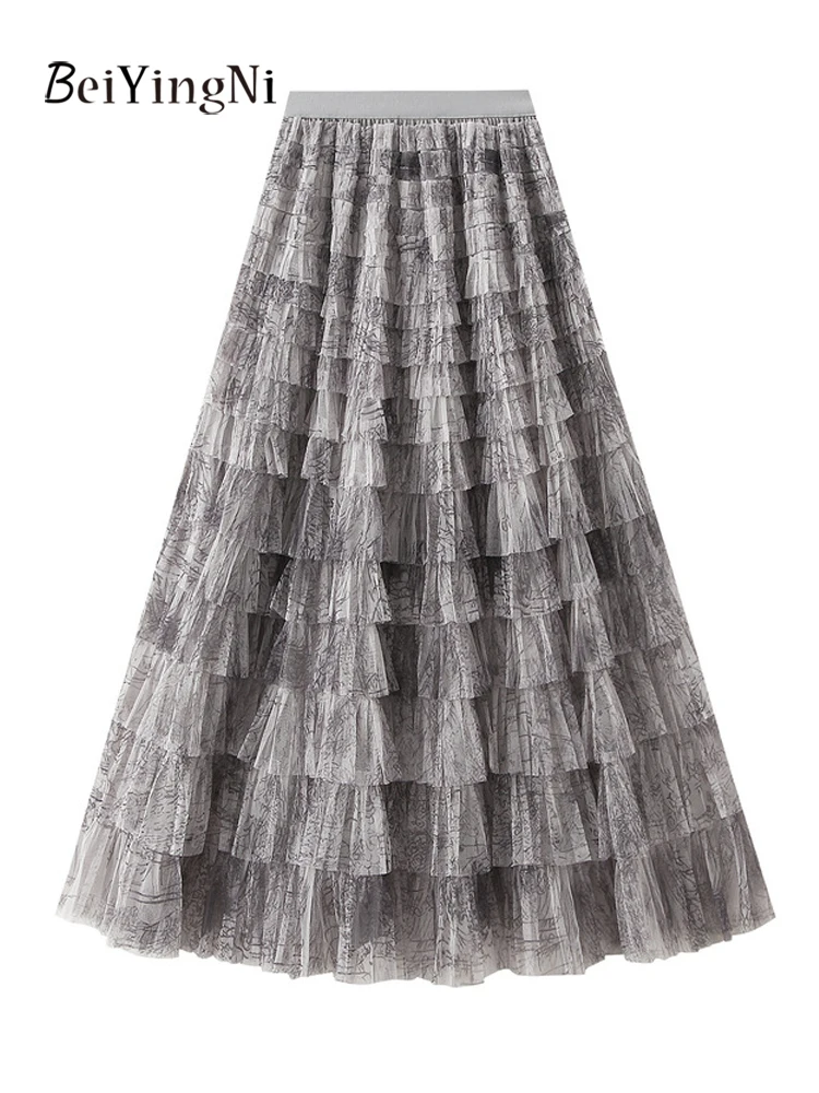 Beiyingni 2025 Woman Mesh Maxi Skirts Tie Dye Casual Tiered Long A-line Tutu Cake Skirt Ladies Elegant French Slim Party Jupes