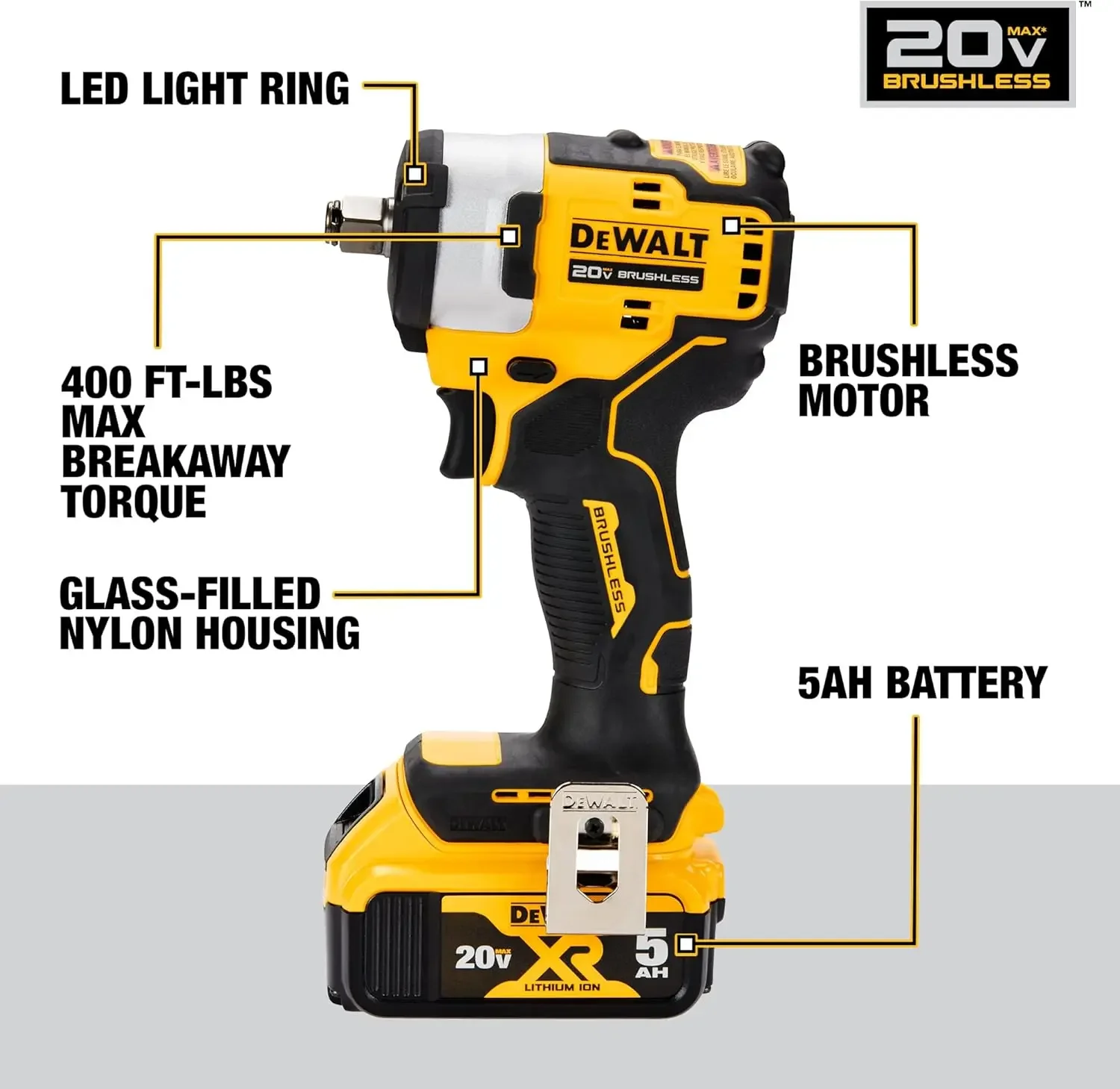 DEWALT DCF911P2 20В МАКС* 1/2 дюйма. Аккумуляторный ударный гайковерт с наковальней свиного кольца