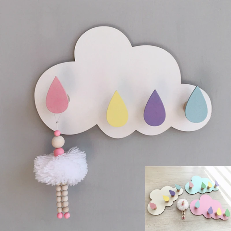 

Nordic Creative Home Key Hook Hanger Wood Clouds Raindrop Water Droplets Baby Kids Room Nursery Clothing Store Wall Decoration