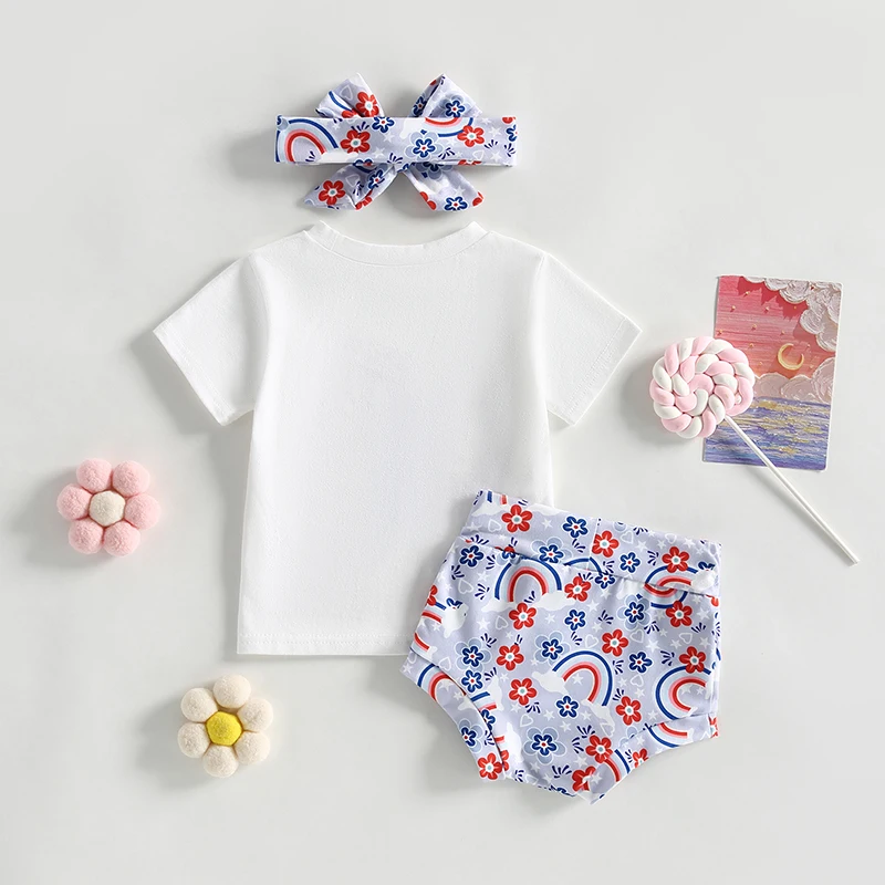 Cute Baby Outfit Set with Floral Rainbow Design Soft Cotton T-Shirt Shorts and Matching Headband - 3 Piece Ensemble for