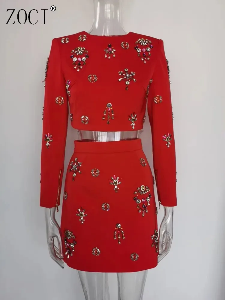 

ZOCI женский классический костюм, красная атмосфера, праздничная супер тяжелая юбка с длинными рукавами и круглым вырезом, офисная леди, новинка весны 2023 г.