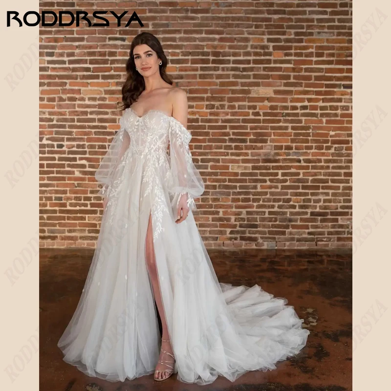 RODDRSYA Beach Wedding Dress Sweetheart A-line High Split Bridal Gown Tulle Applique Suknia ślubna Long Fuff Sleeve Bride Party