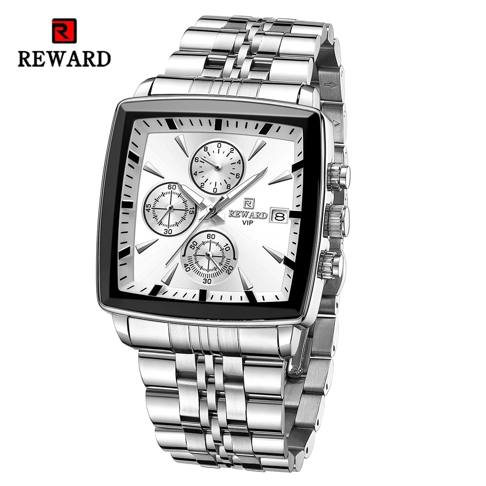 New REWARD Stainless Steel Quartz Watch for Men Fashion Wristwatch Waterproof Luminous Chronograph Date Sport Timepiece