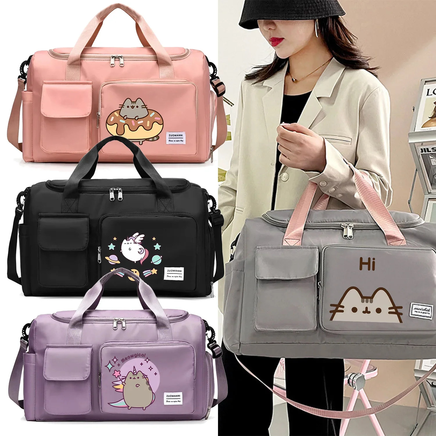 Pusheen Large Capacity Travel Bag Multifunction Luggage Clothing Cable Usb Shoes Storage Handbag Shoulder Sports Gym Duffel Bags