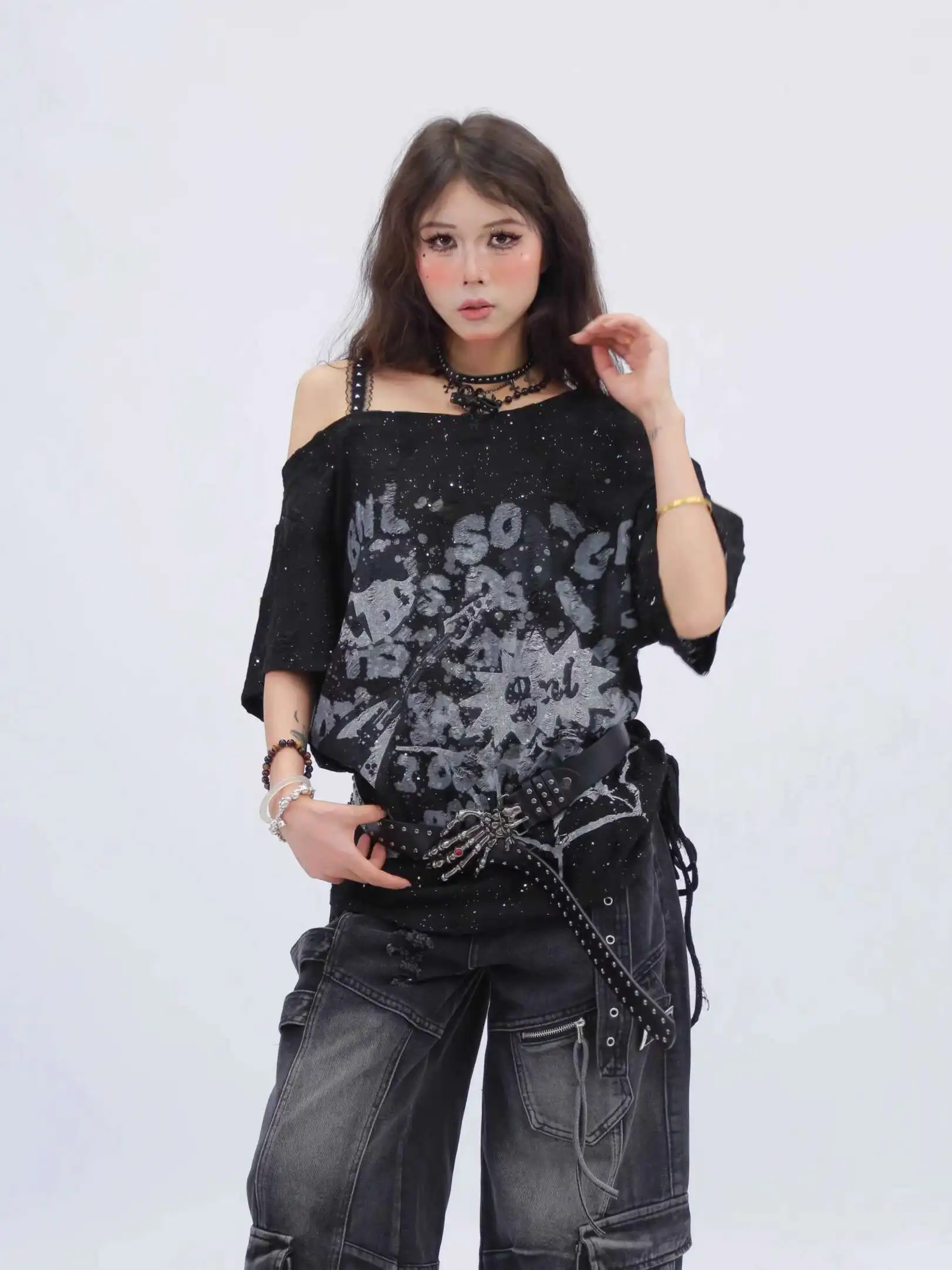 

Women T-shirt Design Subculture Spicy Girl Rock Kitty Printed T-shirt Women's Loose Short Sleeved Top