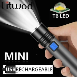 Linterna LED recargable por USB con T6 LED incorporado, lámpara LED recargable por USB con T6 LED incorporado, batería de litio de 1200mAh, perfecto para acampar, resistente al agua con enfoque